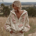 Women's Vintage Pink Floral Embroidery Art Casual Zip Pu Hoodie elevenforest