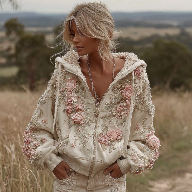 Women's Vintage Pink Floral Embroidery Art Casual Zip Pu Hoodie elevenforest