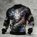 Japanese Dragon Pattern Men's Crew Neck Cozy Sweater elevenforest