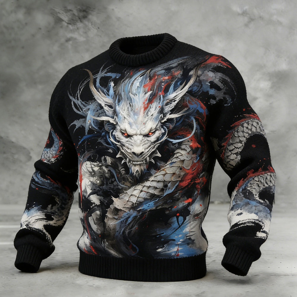 Japanese Dragon Pattern Men's Crew Neck Cozy Sweater elevenforest