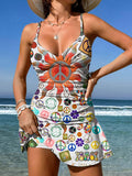 V-Neck Vintage Multicolor Hippie Peace Flower Art Print Suspender Skirt Tankini Pantskirt Set Swimsuit
