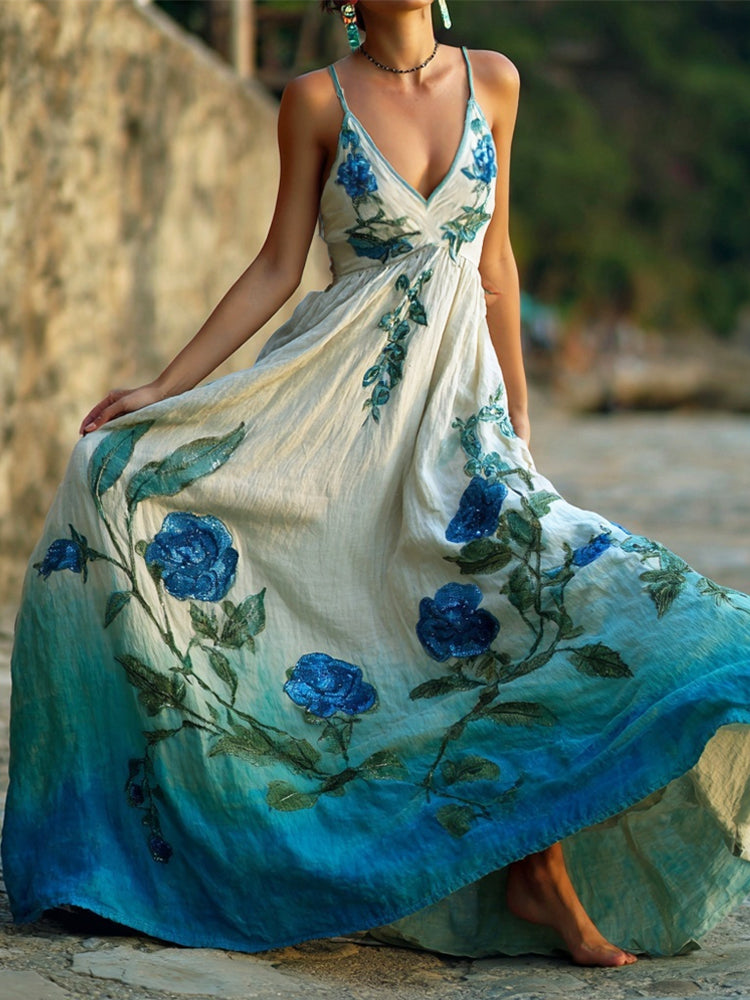 Boho Floral Embroidery Gradient Women's Spaghetti Strap Maxi Dress elevenforest