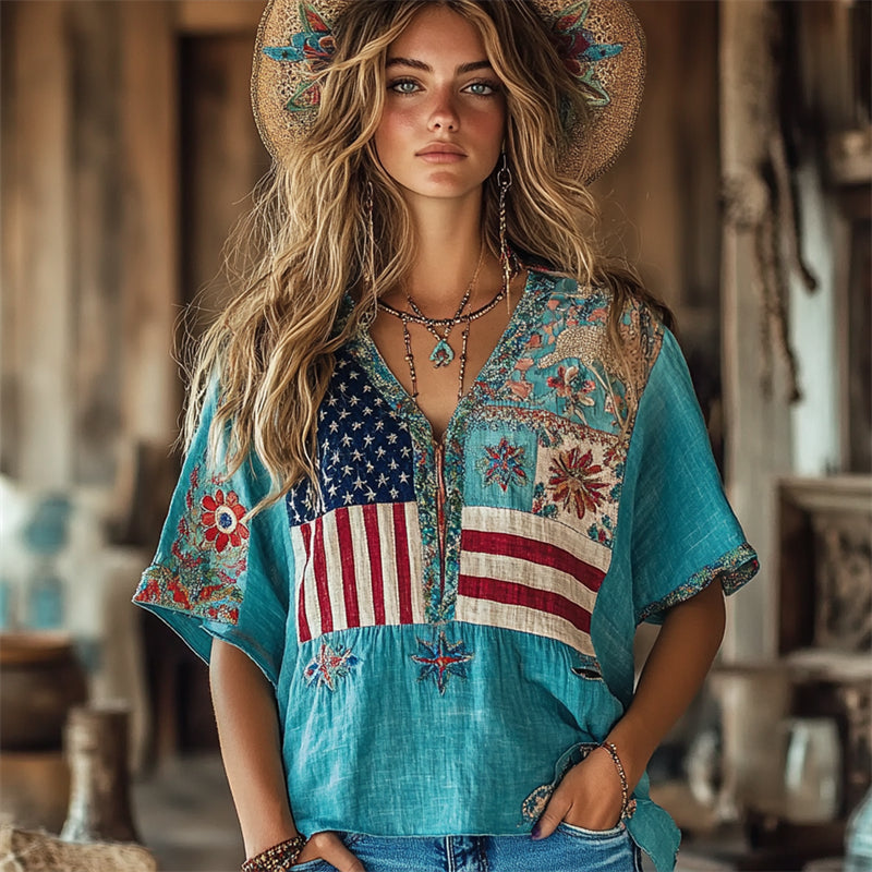 Floral Embroidered American Flag Patchwork Linen Shirt elevenforest