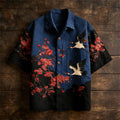Japanese Plum & Crane Totem Vintage Men's Linen Short Sleeve Shirt elevenforest