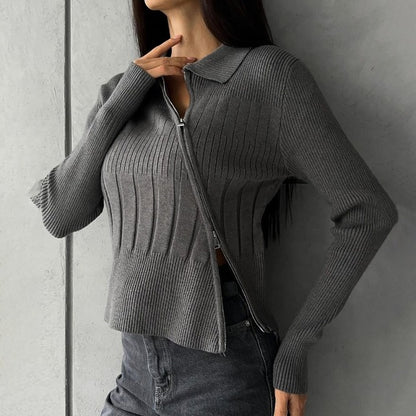 Taruxy White Knitted Cardigan Ribbing Turn Collar Zipper Slim Sweater Femme Autumn Winter Knitwear Cardigans Woman