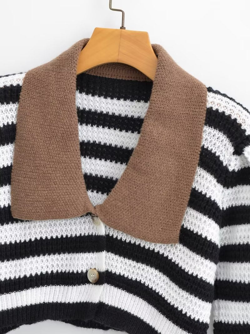 Stripe Contrast Color Lapels Knitted Cardigan – ’s Loose Short Top