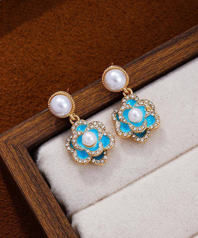 Chinese Style Blue Alloy Zircon Pearl Turquoise Camellia Flower Drop Earrings
