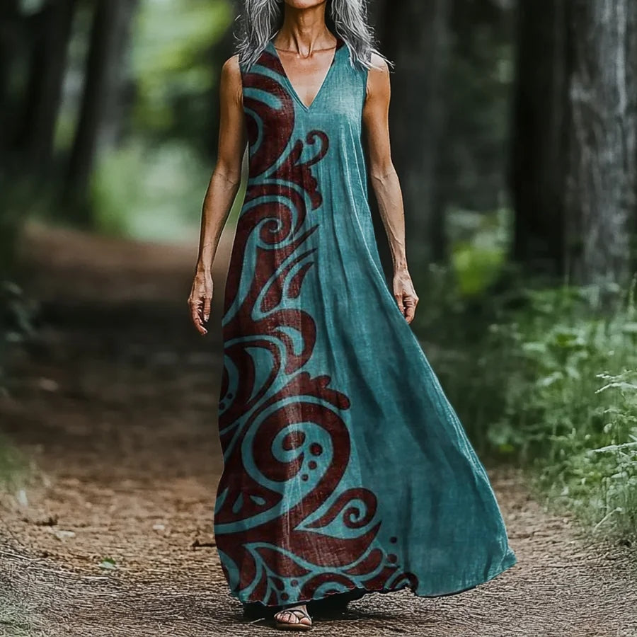 Women's Retro Geometric Print V-neck Midi Dress elevenforest