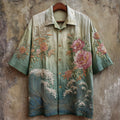 Vintage Peony Floral Embroidery Men's Linen Short Sleeve Shirt elevenforest