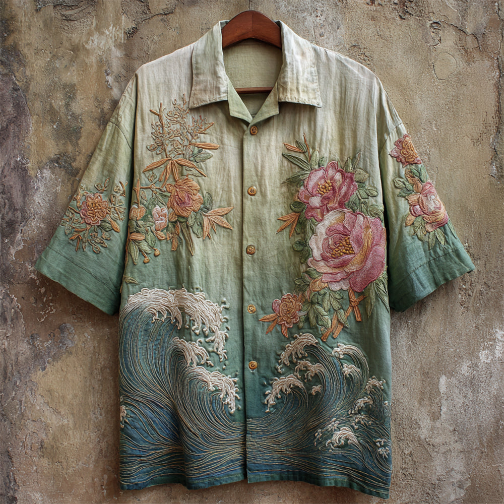 Vintage Peony Floral Embroidery Men's Linen Short Sleeve Shirt elevenforest