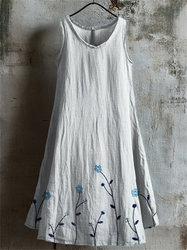 Classy Floral Embroidered Bottom Linen Tank Dress elevenforest