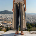 Women's Greek Key Contrast Patchwork Linen Blend Wide Leg Pants elevenforest
