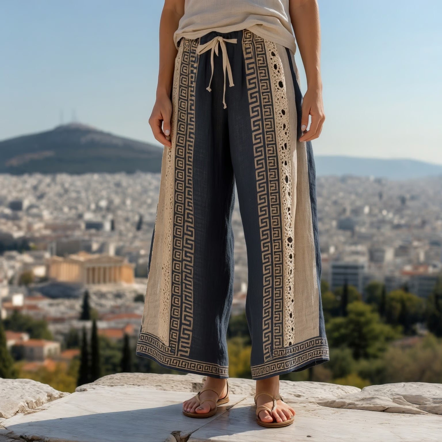 Women's Greek Key Contrast Patchwork Linen Blend Wide Leg Pants elevenforest