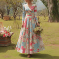 Vintage Floral Art Women's Linen Long Sleeve Maxi V-neck Dress elevenforest