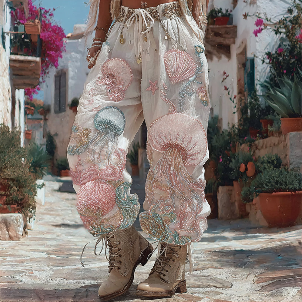 Bohemian Marine Jellyfish Shell Sequin Loose Linen Trousers elevenforest