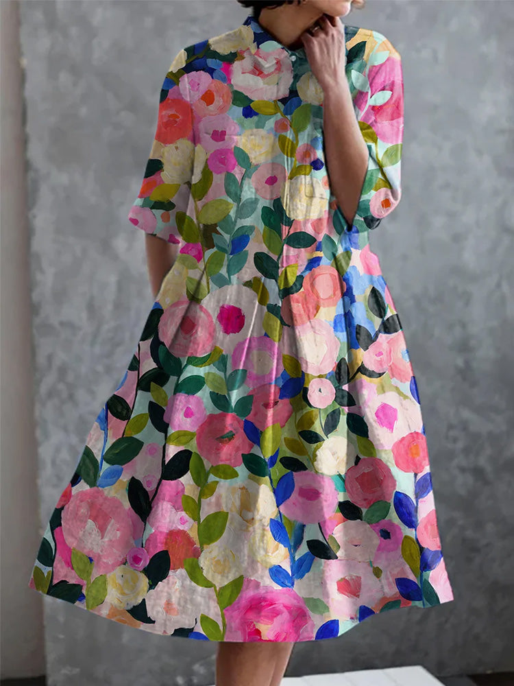 Vintage Colorful Floral Print Pocket Half Sleeve Dress elevenforest
