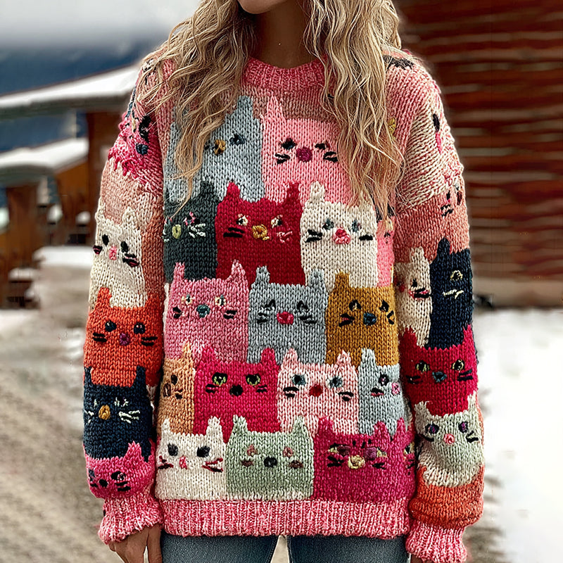 Comstylish Colorful Winter Cats Pattern Art Cozy Knit Sweater