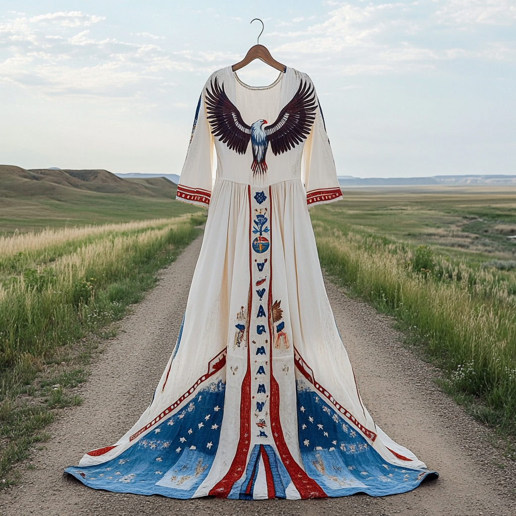 Women's Bald Eagle And Tribal Pattern Cotton And Linen Dress elevenforest