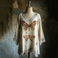 Women's Butterfly And Dragonfly Embroidery Linen Art V-neck Shirt elevenforest