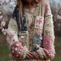 Cherry Blossom Embroidered Japanese Sashiko Patchwork Cozy Knit Cardigan elevenforest
