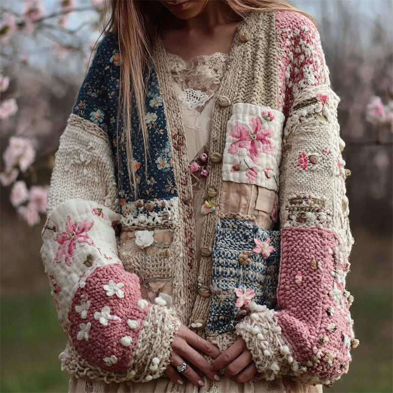 Cherry Blossom Embroidered Japanese Sashiko Patchwork Cozy Knit Cardigan elevenforest
