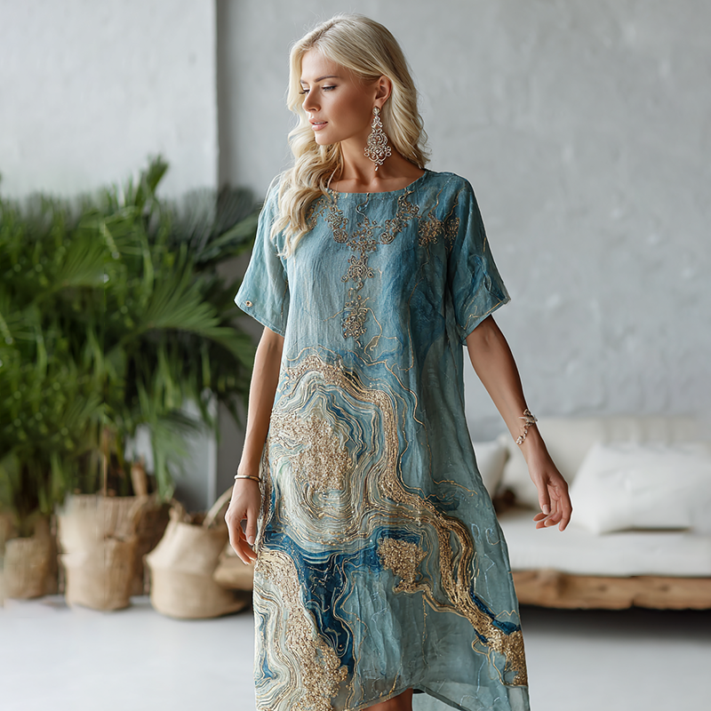 Vintage Marble Texture Collection Retro Bohemia Gradient Gilded Pattern Linen Dress elevenforest