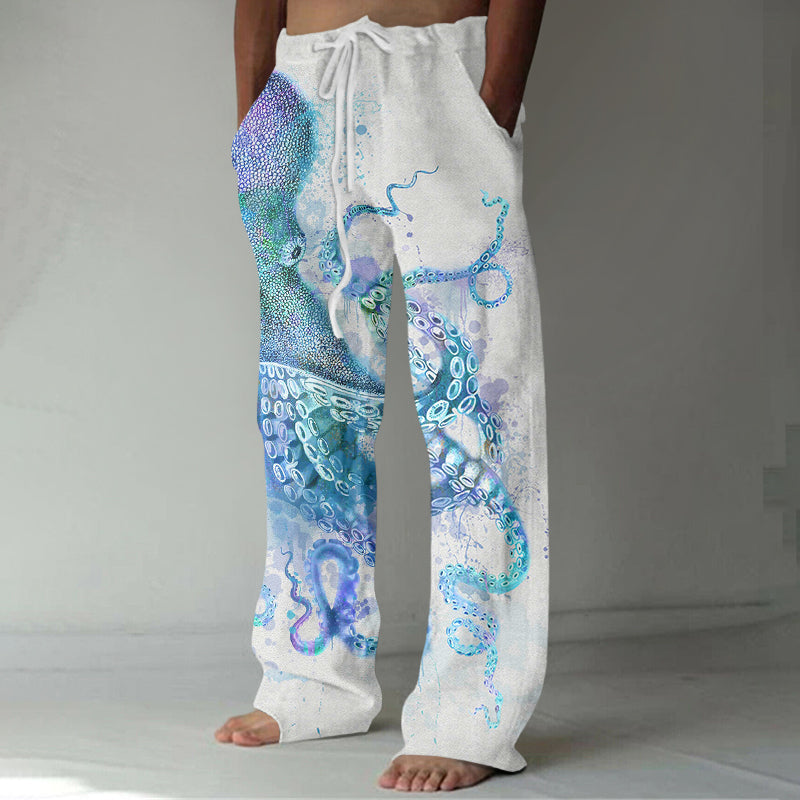 Japanese Art Watercolor Octopus Print Casual Pants elevenforest