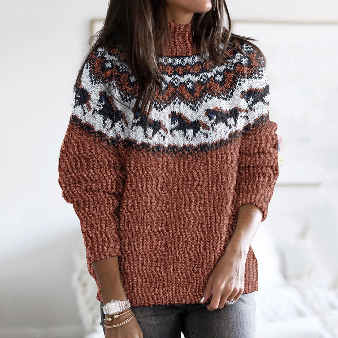Retro Western Horse Knitted Warm Sweater elevenforest