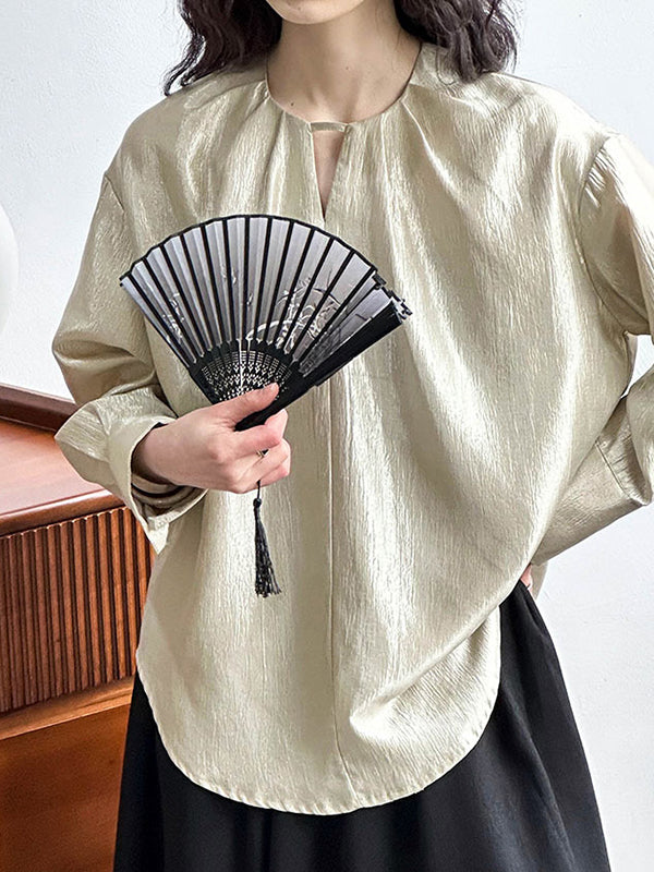 Long Sleeves Loose Hollow Shiny Color Round-neck Blouses&shirts Tops