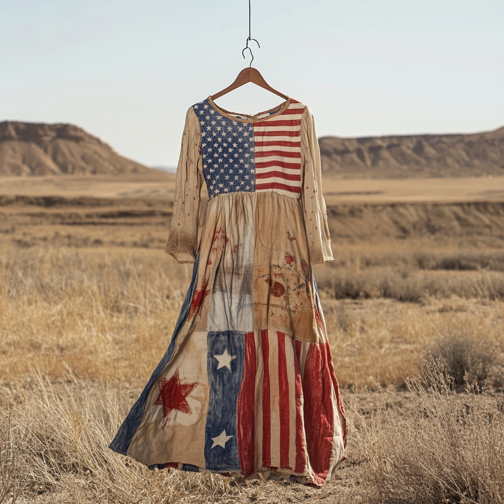 Women's Vintage Independence Day Flag Color Distressed Print Long Sleeve Dress elevenforest