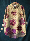 Women's Vintage Cute Hippie Style Peace Love Art Print Casual Cotton And Linen Shirt