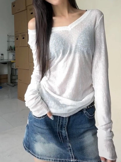 Long Sleeve T Shirt Thin Perspective Summer Slim Shirts Female Pullovers Basic Tee Y2k Clothes Top