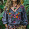 Vintage Floral Embroidered Linen V Neck Tunic elevenforest