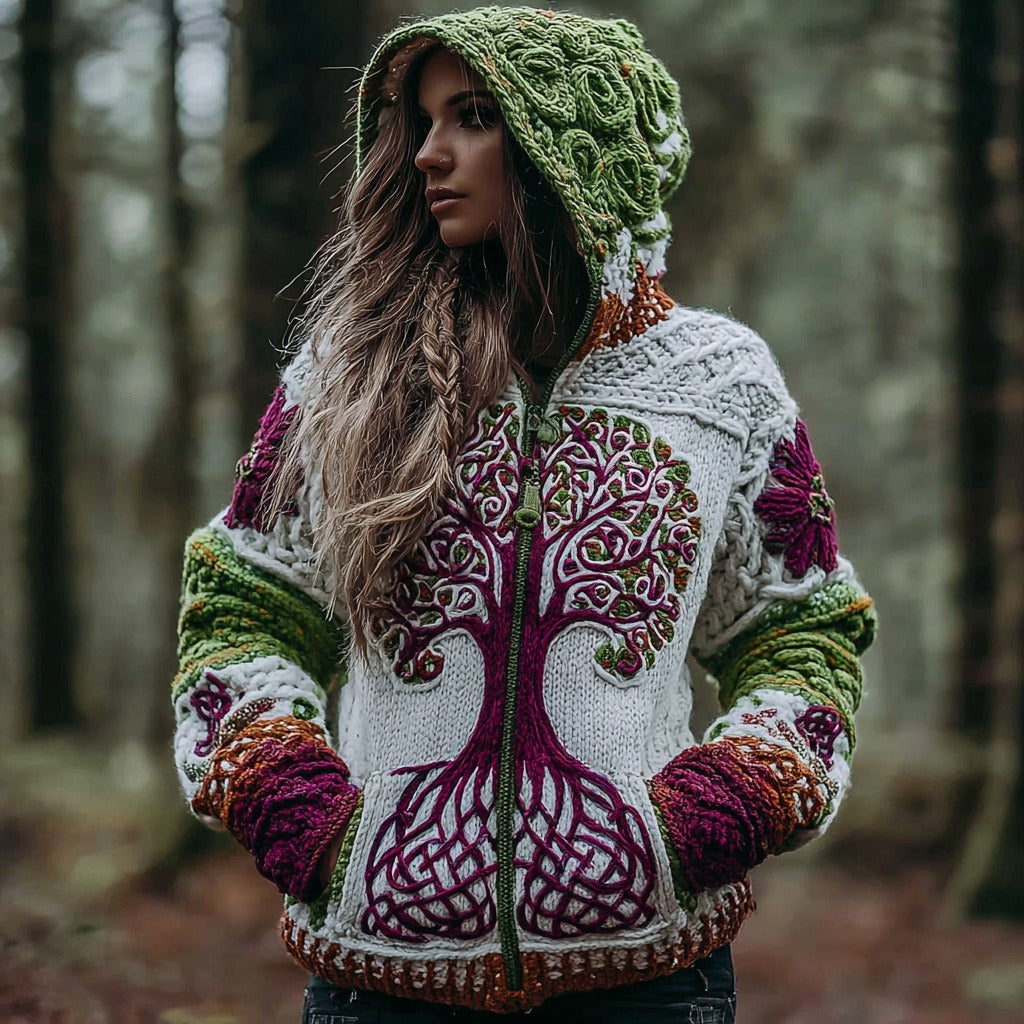 Comstylish Women's Vintage Viking Celtic Knot Tree Of Life Art Knitted Warm Zip Hooded Sweater