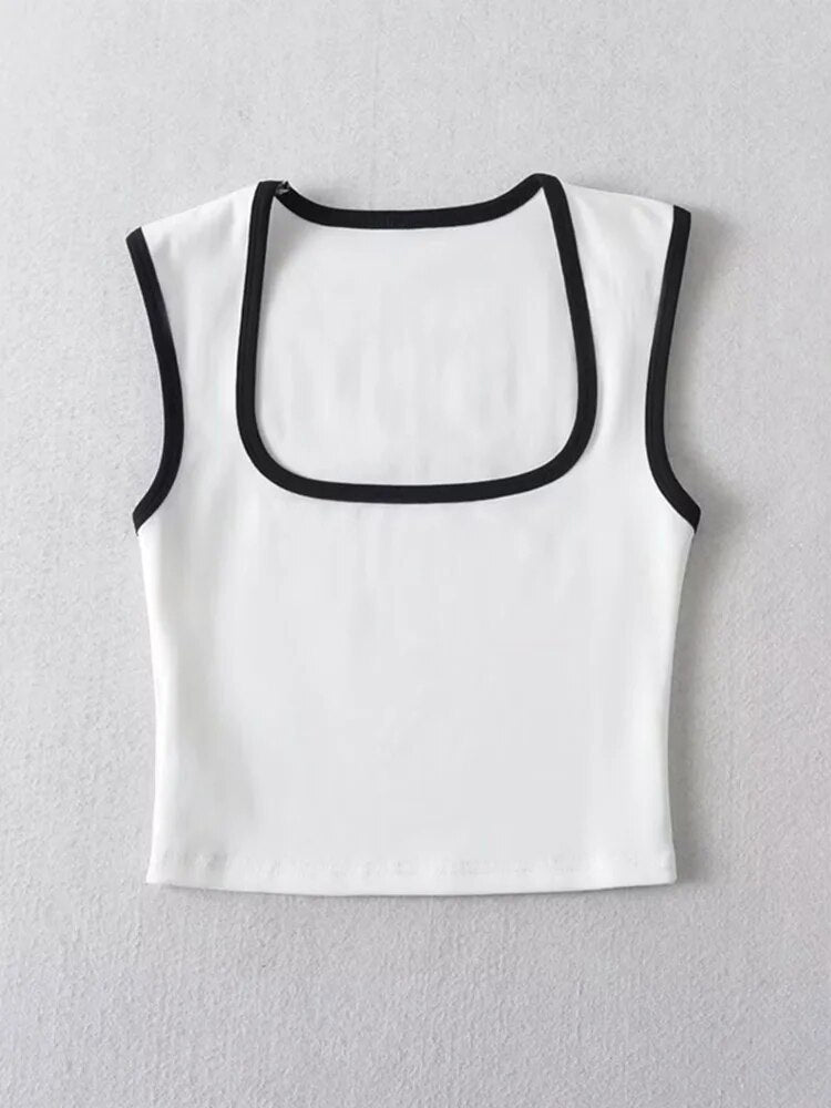 Woman Slim Contrust Camis Sleeveless Tanks Square Collar Crop Tops Clothing Mujer Y2k