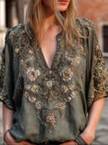 Bohemian Style Sequin Flower Embroidery Vintage Cotton And Linen Forgotten Green V-neck Short-sleeved Shirt elevenforest