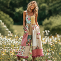 Women's Vintage Floral Patch Art Print Comfy Jumpsuit elevenforest