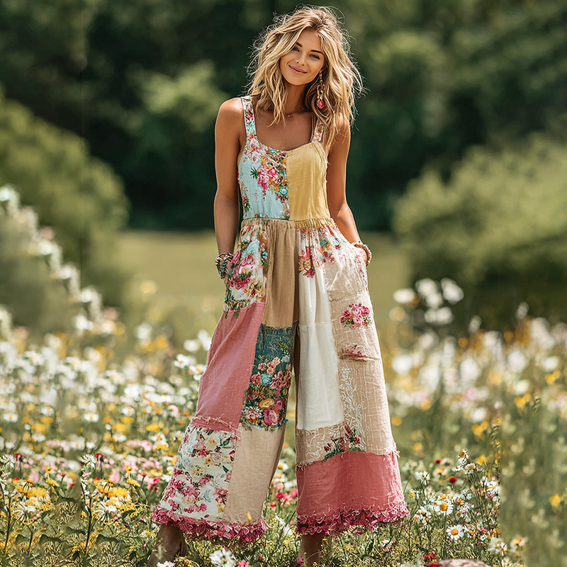 Women's Vintage Floral Patch Art Print Comfy Jumpsuit elevenforest
