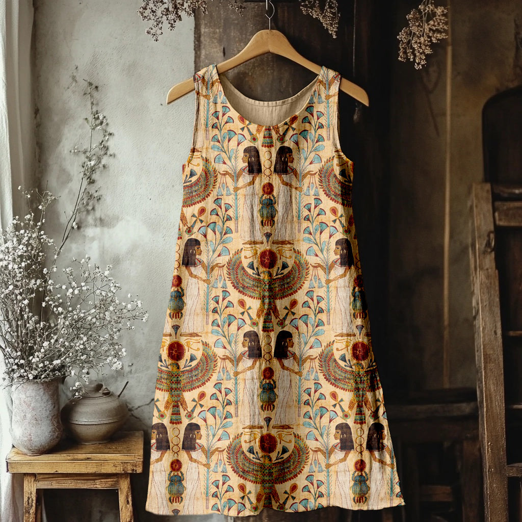 Comstylish Ancient Egyptian Pattern Vintage Linen Midi Dress