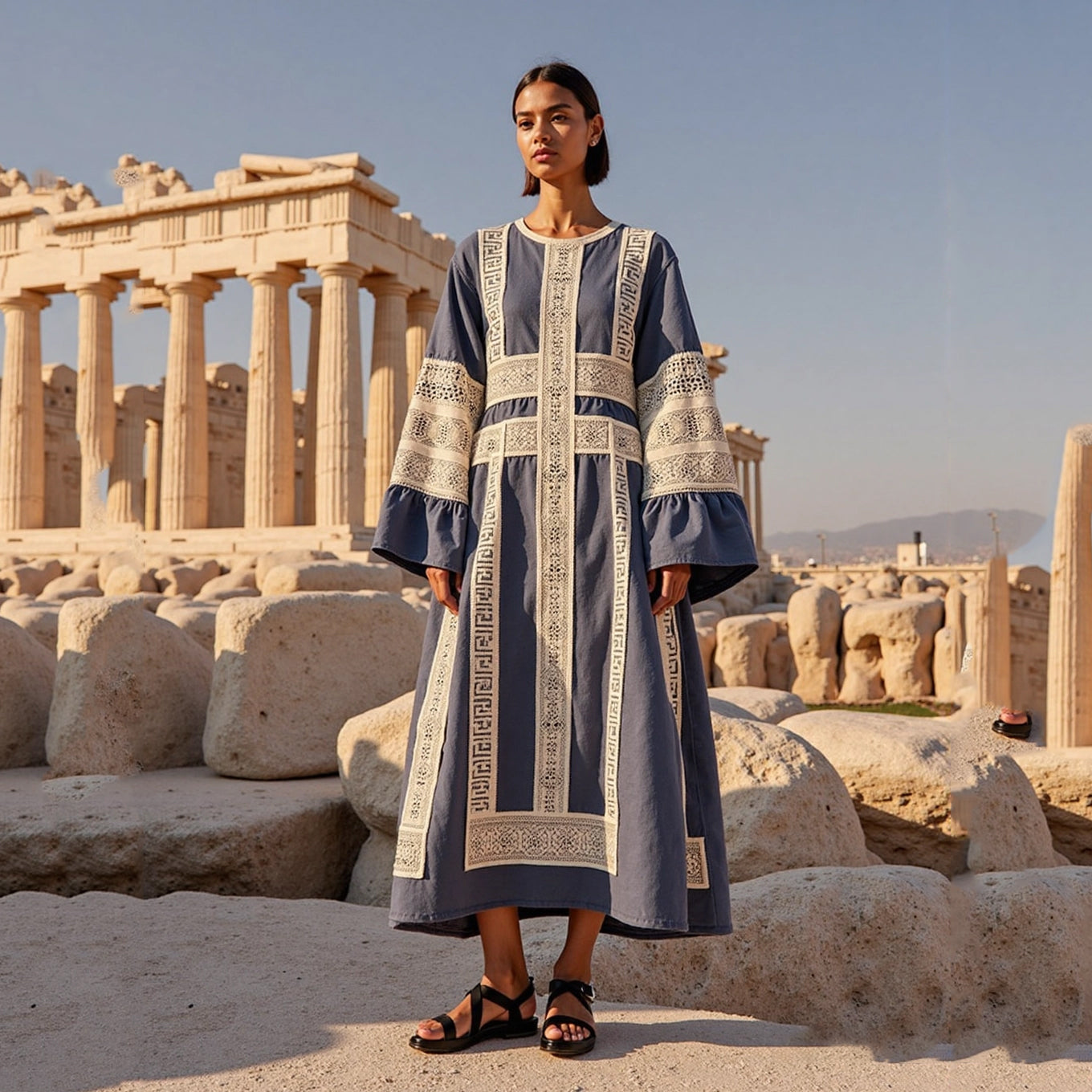 Vintage Greek Key Crew Neck Linen Midi Dress elevenforest