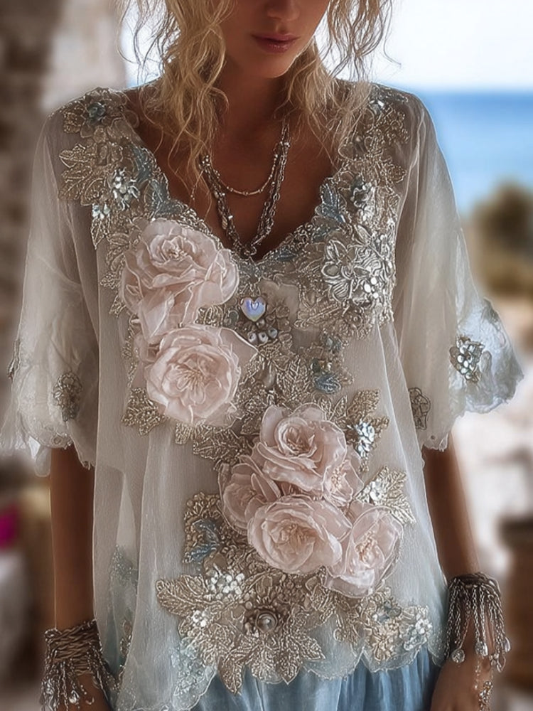 Women's Light-colored Floral Short-sleeved V-neck Top elevenforest