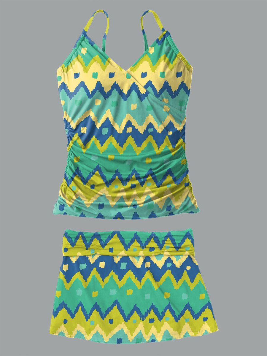 Women's Geometric Print Suspender Shirred Swimsuit Set