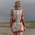 Women's Vintage Halloween Skeleton Bones With Rose Art Cozy Knit Mini Sweater Dress elevenforest