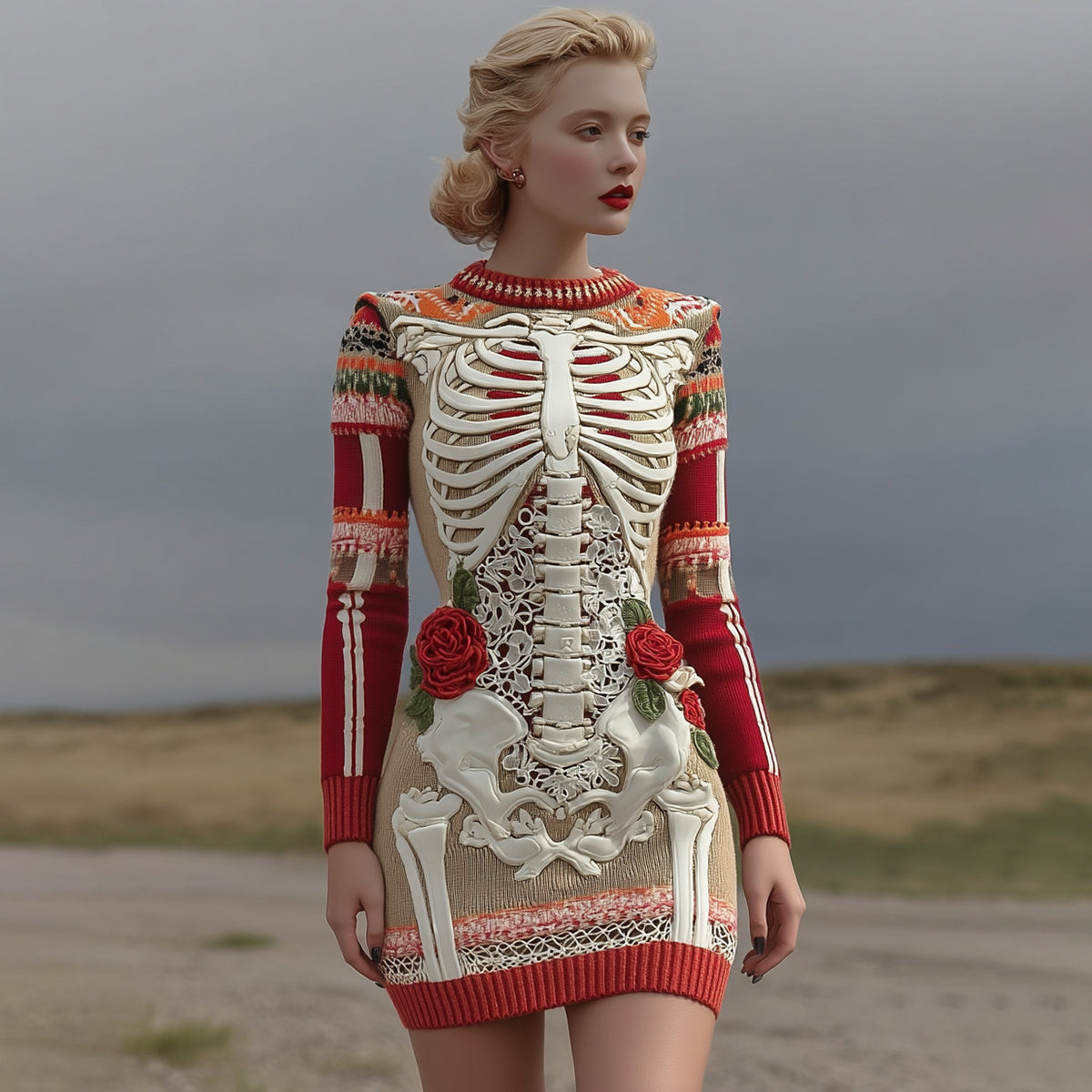 Women's Vintage Halloween Skeleton Bones With Rose Art Cozy Knit Mini Sweater Dress elevenforest