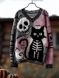 Halloween Cat And Skeleton Pattern Women's V-neck Knit Sweater elevenforest