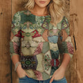 Women's Vintage Collage Art Print Casual V-neck Long Sleeve T-shirt