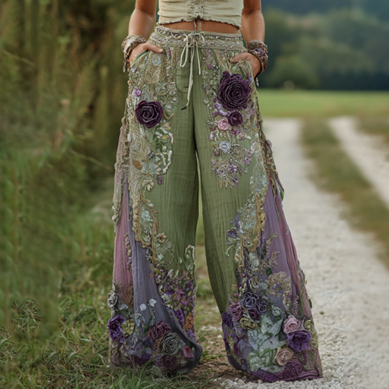 Classy Purple Lavender And Floral Embroidered Art Linen Pants elevenforest