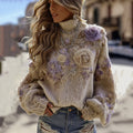 Women's Retro Gradient Purple Floral Art Cozy High Neck Sweater elevenforest