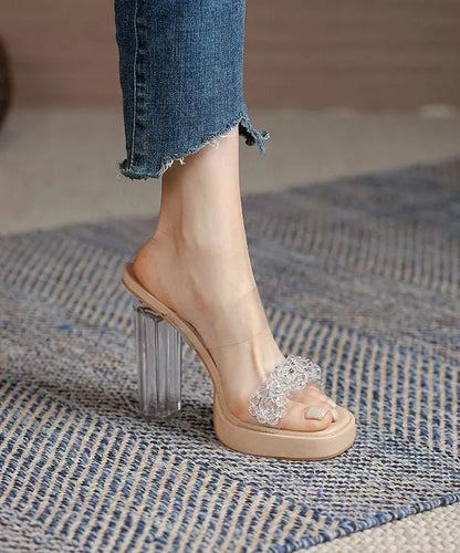 Beige Chunky Clear High Heel Slippers Peep Toe Platform Heels Lc0192