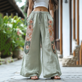 Retro Boho Floral Embroidery Art Cotton Linen Wide Leg Pants elevenforest